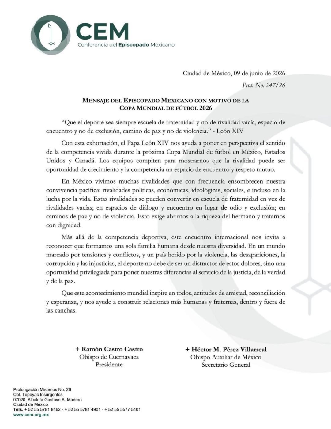 #Mundial LA IGLESIA CATÓLICA DEMANDA NO OLVIDAR PROBLEMAS DE MÉXICO POR EL FÚTBOL.